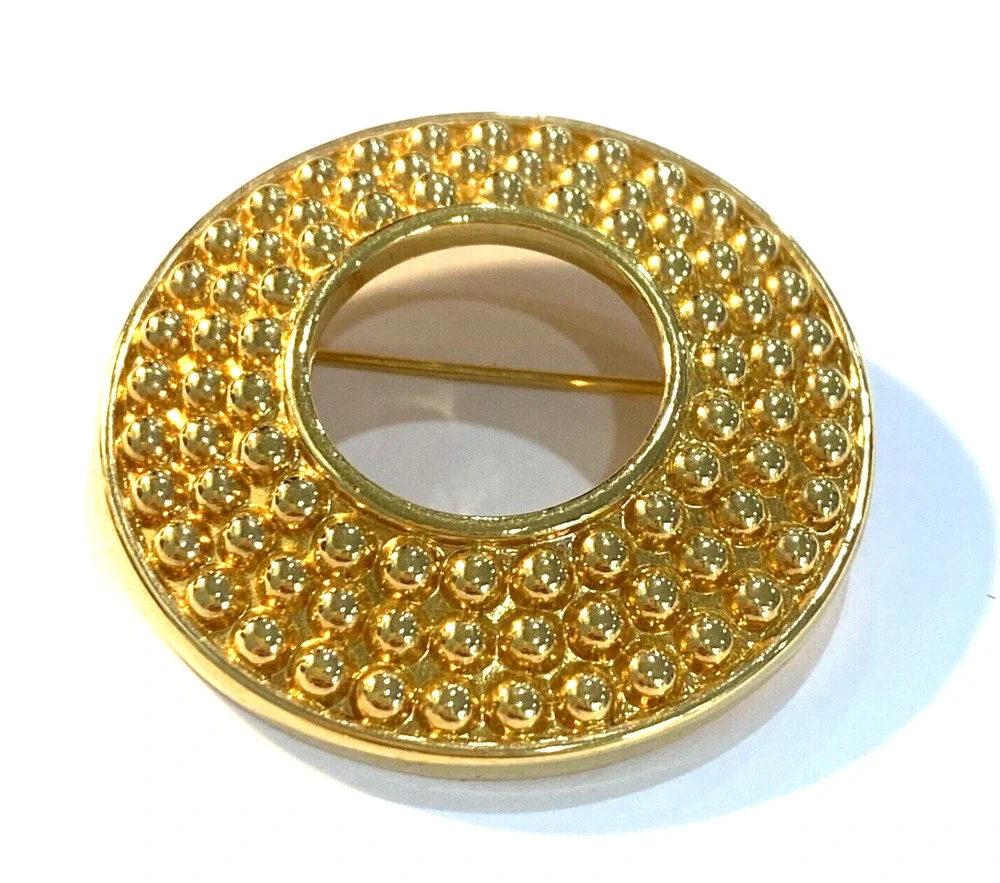 Vintage Swarovski brooch SAL goldtone textured open circle round retro pin 1980s